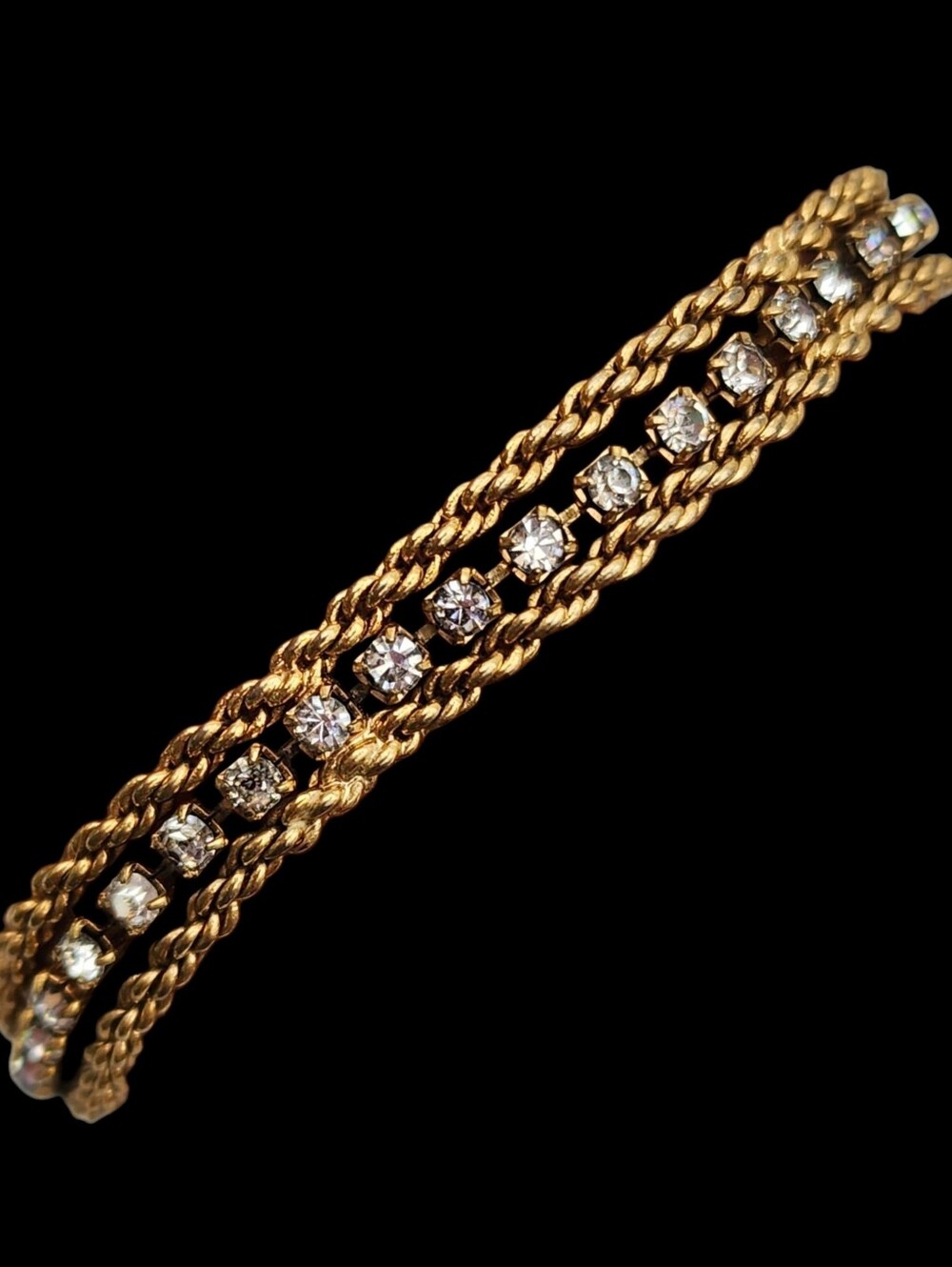 Vintage Gold Tone & Rhinestone  Twisted Weaved Rope Chain Bracelet    sz 6.5" - Picture 2 of 6